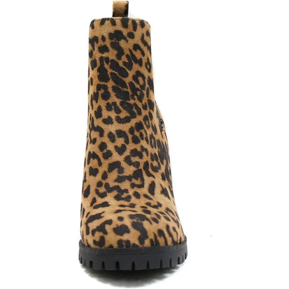 Women's Camel Leopard Lug Sole Ankle Boot Elastic Gore Chunky Heel Bootie